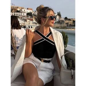 Commense‎ Stylish Black Crop Top with White Trim Cross-Strap Design Top Small